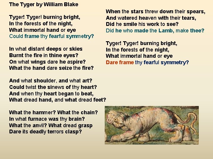 The Tyger by William Blake Tyger! burning bright, In the forests of the night,