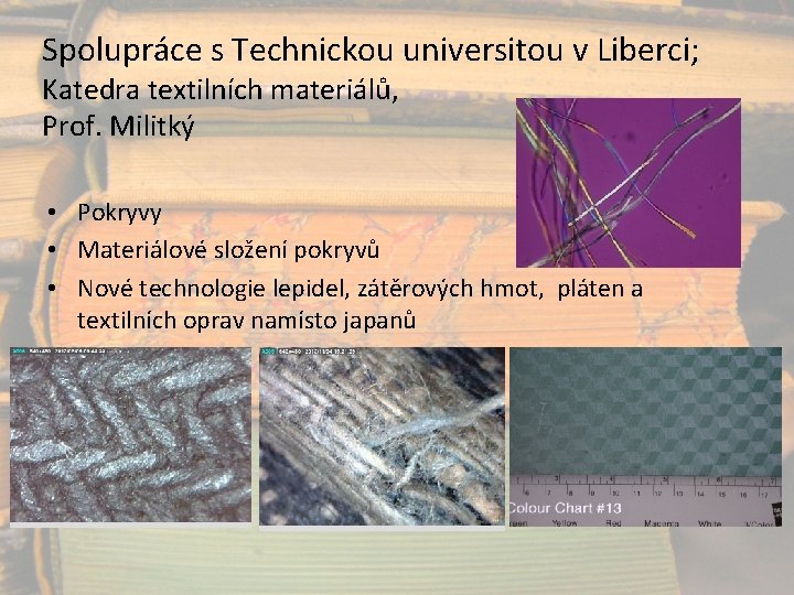 Spolupráce s Technickou universitou v Liberci; Katedra textilních materiálů, Prof. Militký • Pokryvy •