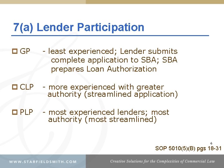 7(a) Lender Participation p GP - least experienced; Lender submits complete application to SBA;