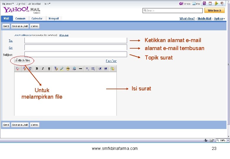 Ketikkan alamat e-mail tembusan Topik surat Untuk melampirkan file Isi surat www. smfkbinafarma. com