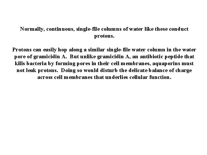 Normally, continuous, single-file columns of water like these conduct protons. Protons can easily hop Normally, continuous, single-file columns of water like these conduct protons. Protons can easily hop