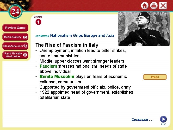 SECTION 1 continued Nationalism Grips Europe and Asia The Rise of Fascism in Italy