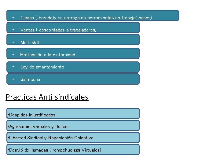  • Claves ( Fraude)y no entrega de herramientas de trabajo( bases) • Ventas