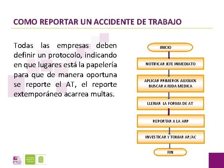 COMO REPORTAR UN ACCIDENTE DE TRABAJO Todas las empresas deben definir un protocolo, indicando