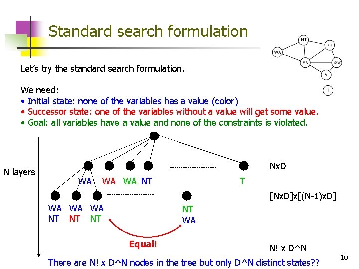 Standard search formulation Let’s try the standard search formulation. We need: • Initial state: