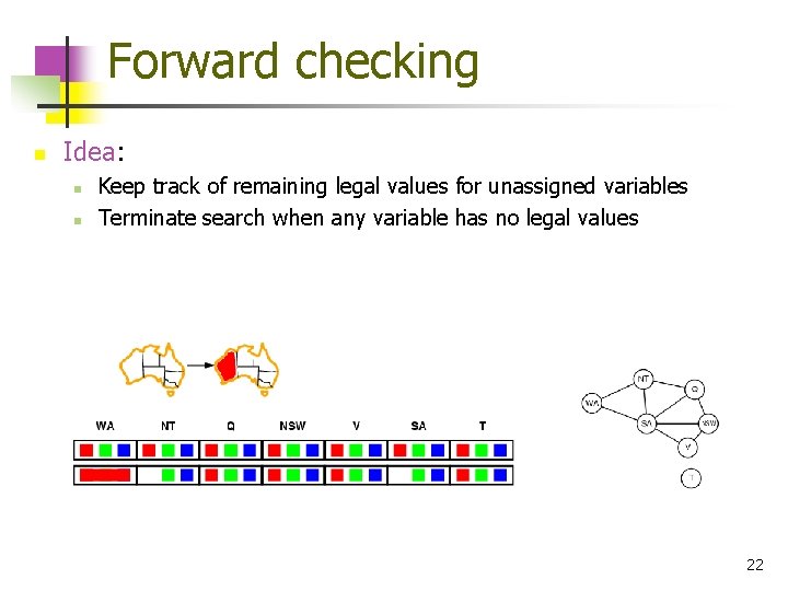 Forward checking n Idea: n n Keep track of remaining legal values for unassigned