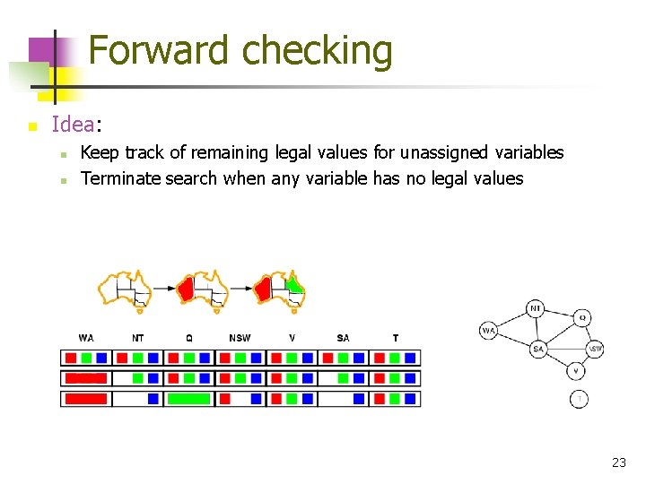 Forward checking n Idea: n n Keep track of remaining legal values for unassigned