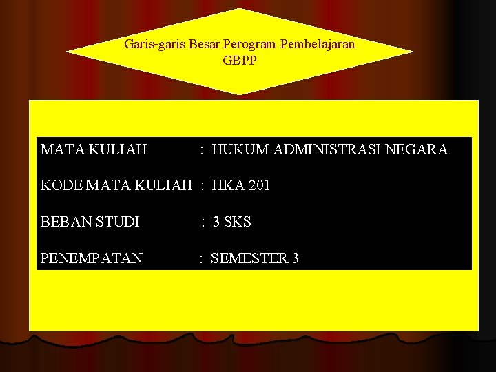 Garis-garis Besar Perogram Pembelajaran GBPP MATA KULIAH : HUKUM ADMINISTRASI NEGARA KODE MATA KULIAH