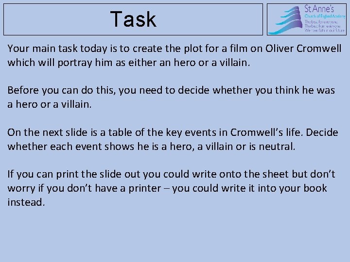 Task Your main task today is to create the plot for a film on