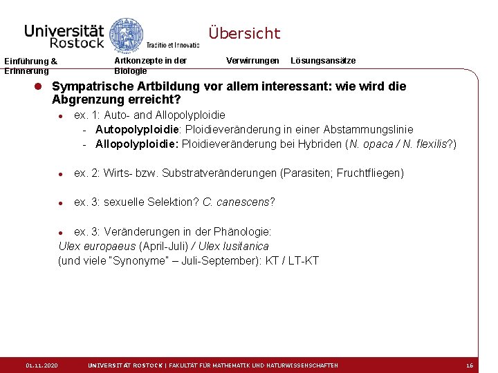 Übersicht Artkonzepte in der Biologie Einführung & Erinnerung Verwirrungen Lösungsansätze l Sympatrische Artbildung vor