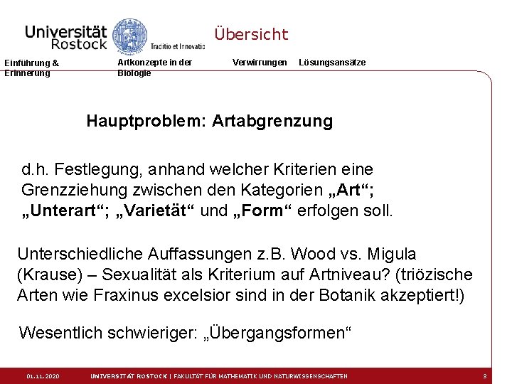 Übersicht Einführung & Erinnerung Artkonzepte in der Biologie Verwirrungen Lösungsansätze Hauptproblem: Artabgrenzung d. h.