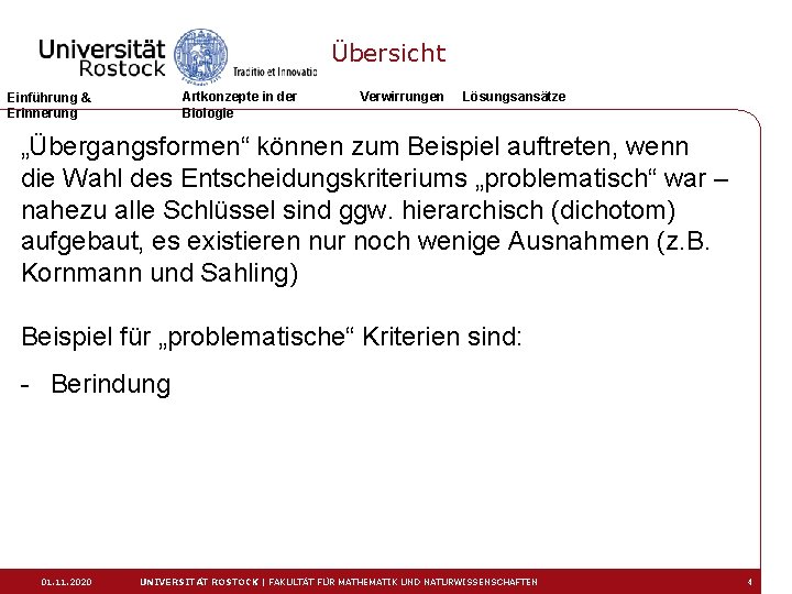 Übersicht Artkonzepte in der Biologie Einführung & Erinnerung Verwirrungen Lösungsansätze „Übergangsformen“ können zum Beispiel