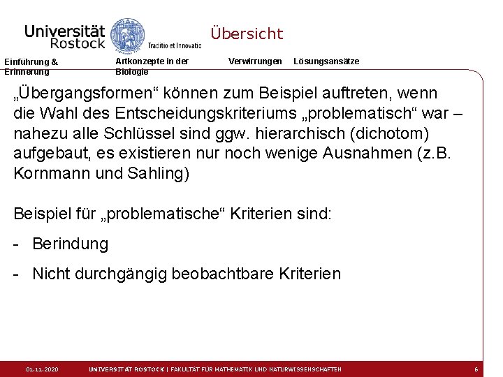 Übersicht Artkonzepte in der Biologie Einführung & Erinnerung Verwirrungen Lösungsansätze „Übergangsformen“ können zum Beispiel