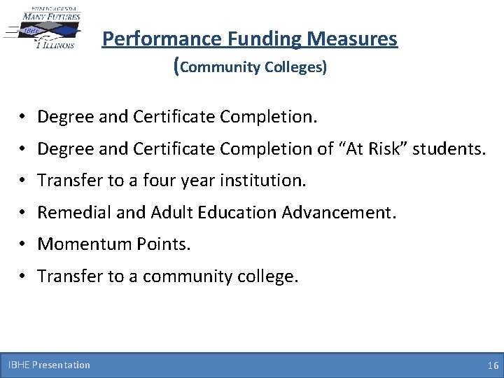 Performance Funding Measures (Community Colleges) • Degree and Certificate Completion of “At Risk” students.
