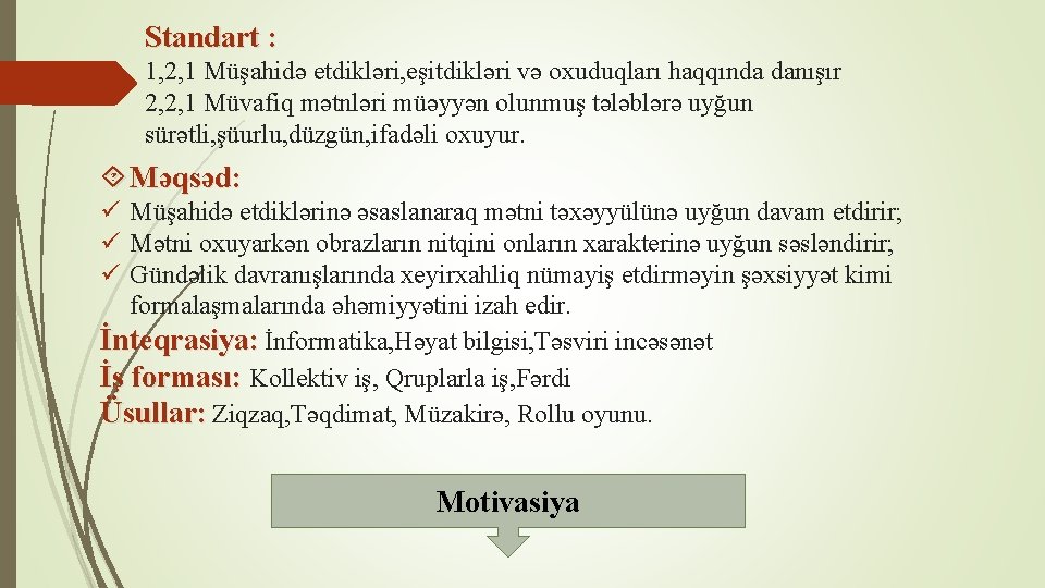 Standart : 1, 2, 1 Müşahidə etdikləri, eşitdikləri və oxuduqları haqqında danışır 2, 2,