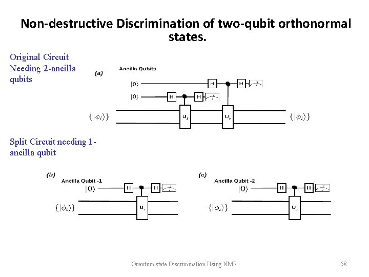 Non-destructive Discrimination of two-qubit orthonormal states. Original Circuit Needing 2 -ancilla qubits Split Circuit