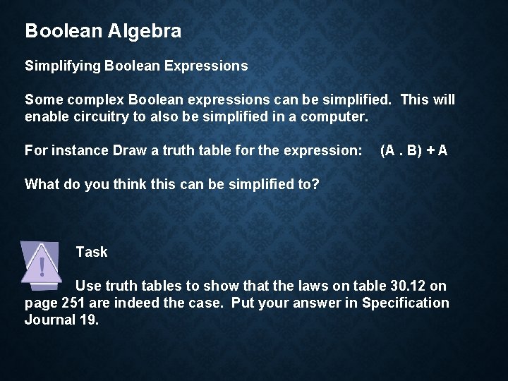 Boolean Algebra Simplifying Boolean Expressions Some complex Boolean expressions can be simplified. This will