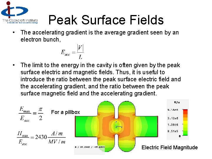 Peak Surface Fields • The accelerating gradient is the average gradient seen by an