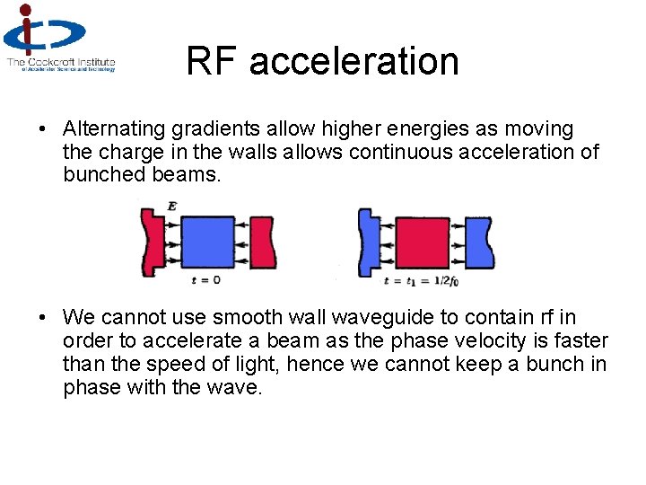 RF acceleration • Alternating gradients allow higher energies as moving the charge in the