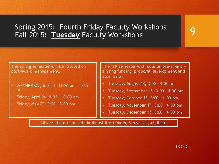 Spring 2015: Fourth Friday Faculty Workshops Fall 2015: Tuesday Faculty Workshops 9 The spring
