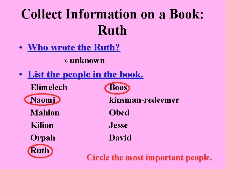 Collect Information on a Book: Ruth • Who wrote the Ruth? » unknown •