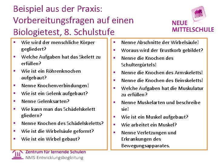 Beispiel aus der Praxis: Vorbereitungsfragen auf einen Biologietest, 8. Schulstufe § § § §