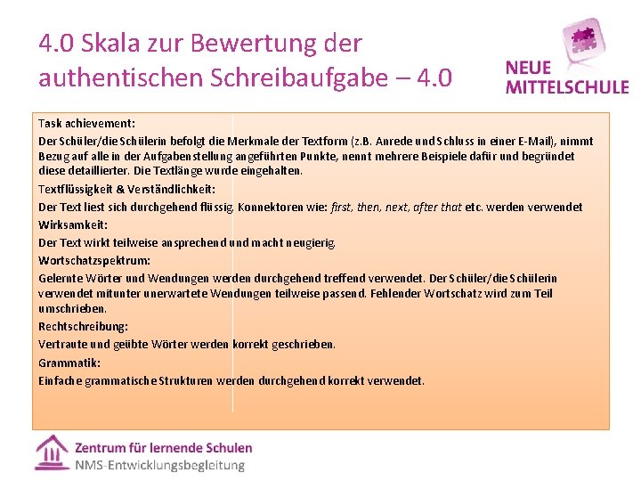 4. 0 Skala zur Bewertung der authentischen Schreibaufgabe – 4. 0 Task achievement: Der