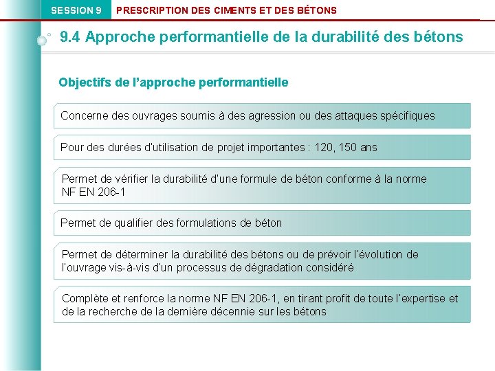 SESSION 9 PRESCRIPTION DES CIMENTS ET DES BÉTONS 9. 4 Approche performantielle de la