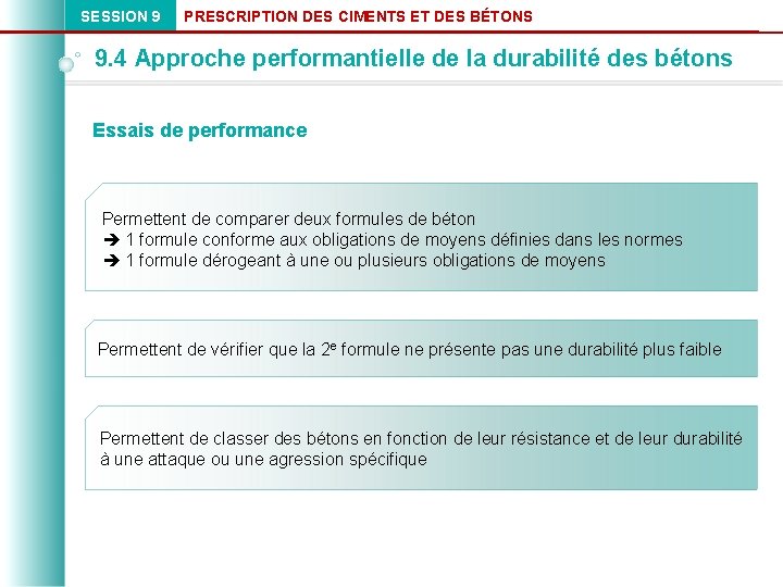 SESSION 9 PRESCRIPTION DES CIMENTS ET DES BÉTONS 9. 4 Approche performantielle de la