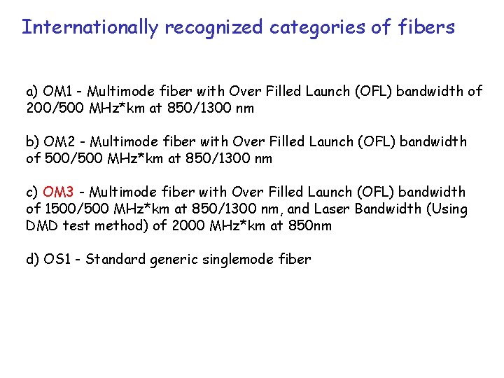 Internationally recognized categories of fibers a) OM 1 - Multimode fiber with Over Filled