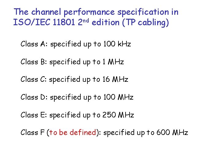 The channel performance specification in ISO/IEC 11801 2 nd edition (TP cabling) Class A: