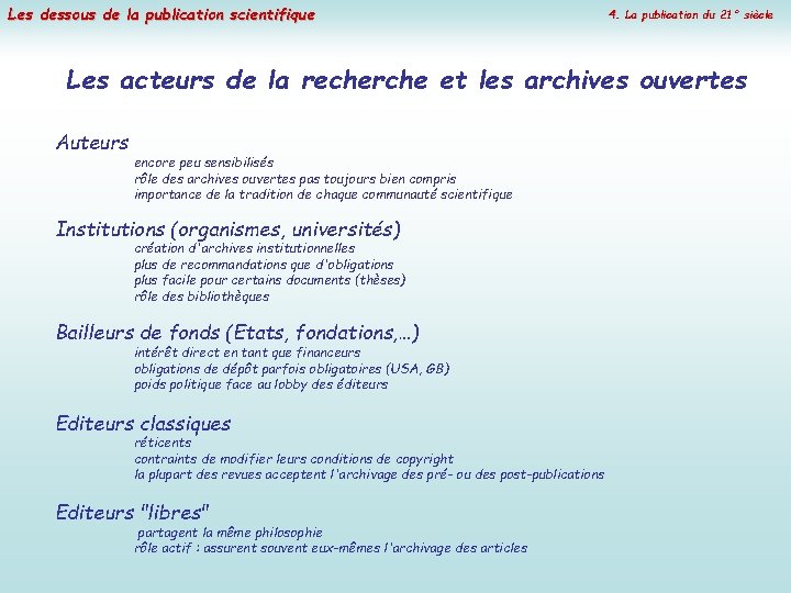 Les dessous de la publication scientifique 4. La publication du 21° siècle Les acteurs