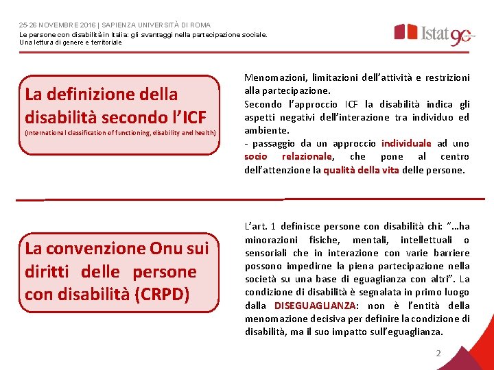 25 -26 NOVEMBRE 2016 | SAPIENZA UNIVERSITÀ DI ROMA Le persone con disabilità in