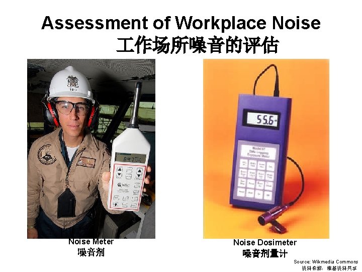 Assessment of Workplace Noise 作场所噪音的评估 Noise Meter Noise Dosimeter 噪音剂量计 Source: Wikmedia Commons 资料来源：维基资料共享