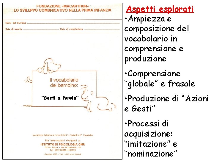 Aspetti esplorati • Ampiezza e composizione del vocabolario in comprensione e produzione • Comprensione