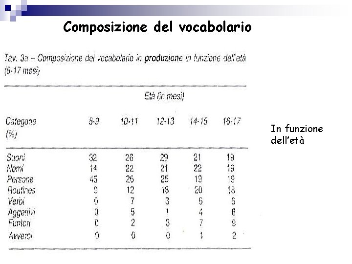 Composizione del vocabolario In funzione dell’età 