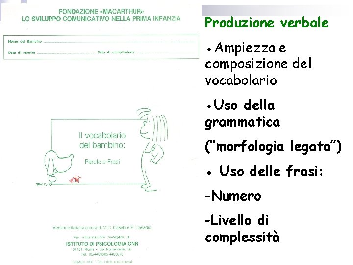 Produzione verbale ●Ampiezza e composizione del vocabolario ●Uso della grammatica (“morfologia legata”) ● Uso