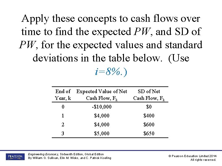 Apply these concepts to cash flows over time to find the expected PW, and Apply these concepts to cash flows over time to find the expected PW, and
