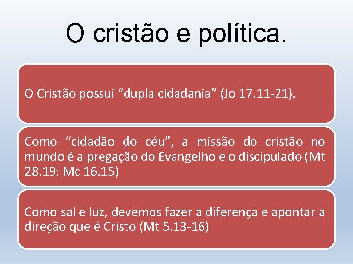 O cristão e política. O Cristão possui “dupla cidadania” (Jo 17. 11 -21). Como