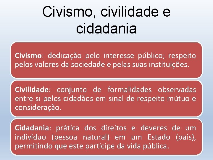 Civismo, civilidade e cidadania Civismo: dedicação pelo interesse público; respeito pelos valores da sociedade