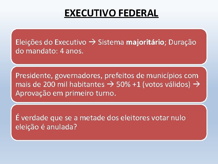 EXECUTIVO FEDERAL Eleições do Executivo Sistema majoritário; Duração do mandato: 4 anos. Presidente, governadores,