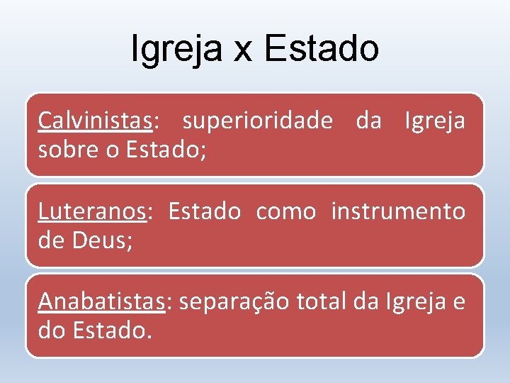 Igreja x Estado Calvinistas: superioridade da Igreja sobre o Estado; Luteranos: Estado como instrumento