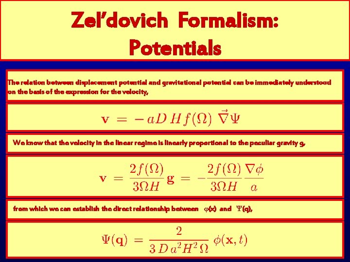 Zel’dovich Formalism: Potentials The relation between displacement potential and gravitational potential can be immediately