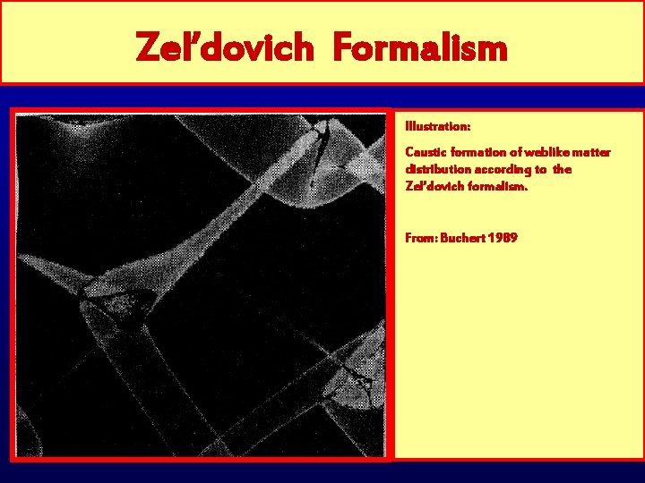 Zel’dovich Formalism Illustration: Caustic formation of weblike matter distribution according to the Zel’dovich formalism.