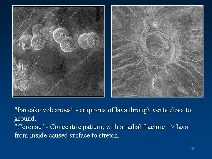 "Pancake volcanoes" - eruptions of lava through vents close to ground. "Coronae" - Concentric