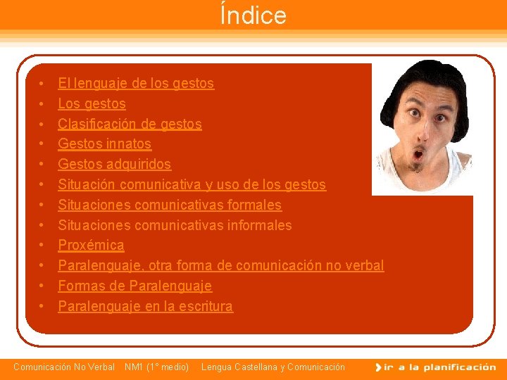 Índice • • • El lenguaje de los gestos Los gestos Clasificación de gestos