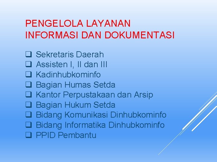 PENGELOLA LAYANAN INFORMASI DAN DOKUMENTASI q q q q q Sekretaris Daerah Assisten I,