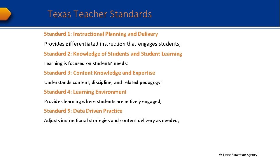 Texas Teacher Standards Standard 1: Instructional Planning and Delivery Provides differentiated instruction that engages