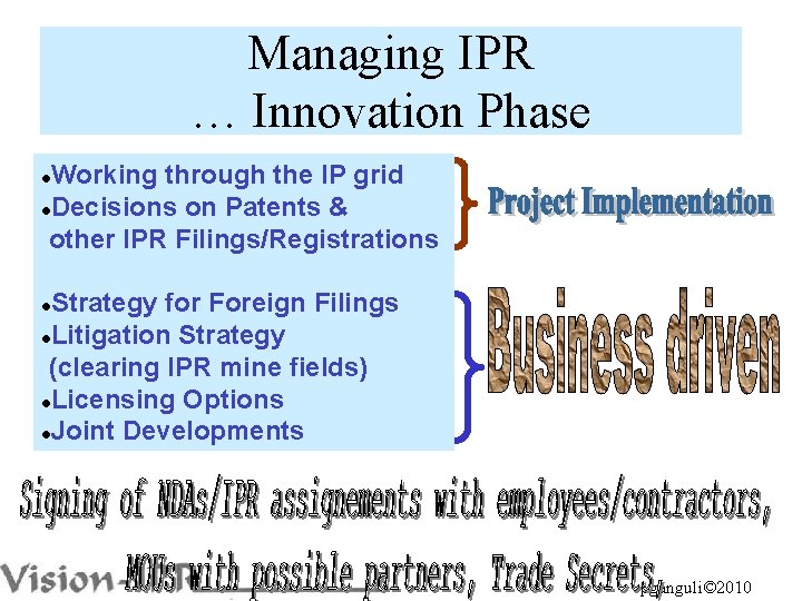 Managing IPR … Innovation Phase Working through the IP grid l. Decisions on Patents