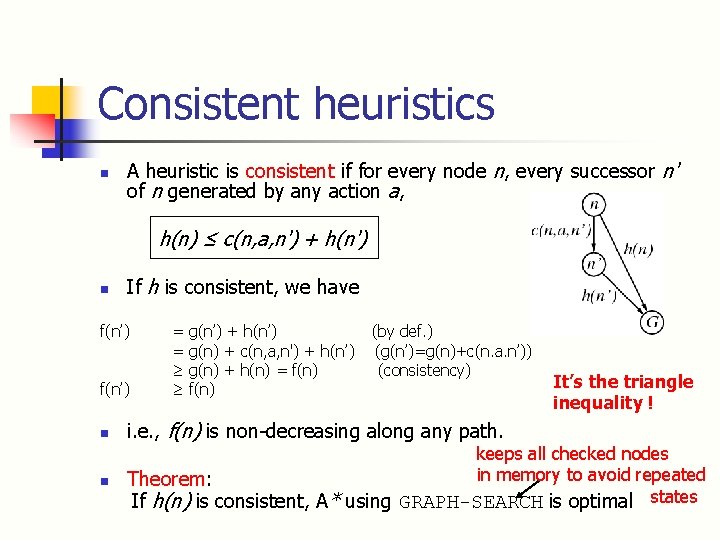 Consistent heuristics n A heuristic is consistent if for every node n, every successor